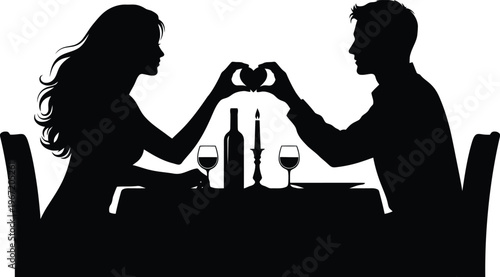 A romantic silhouette of a couple on a date night forming a heart shape with their hands.