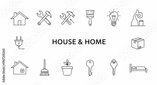 Collection of line art icons related to house and home maintenance and living
