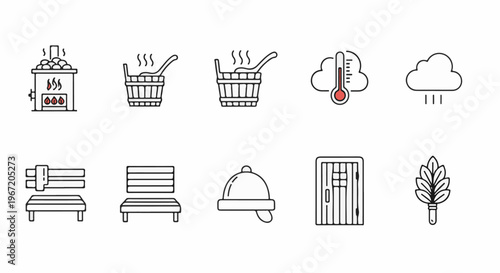 Collection of sauna-related icons including a stove, buckets, thermometer, cloud, benches, hat, door, and leaves