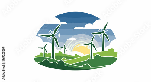 Green rolling hills dotted with wind turbines under a blue, cloudy sky