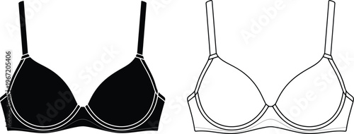 A simple black silhouette and white line drawing illustration of a modern bra design