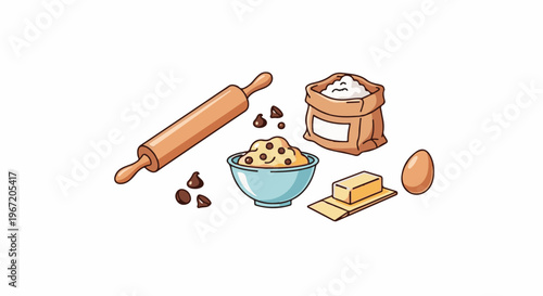 Baking ingredients and tools are arranged on a white background