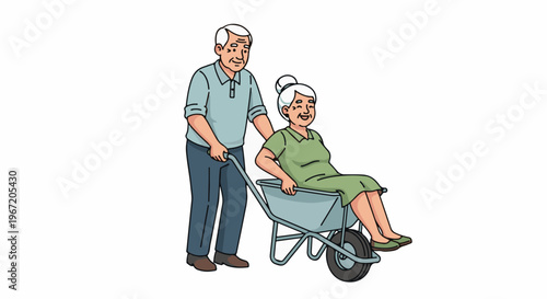 Elderly couple shares a moment with man pushing woman in wheelbarrow