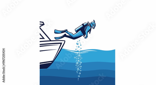 Diver jumps from boat into blue ocean, leaving bubbles