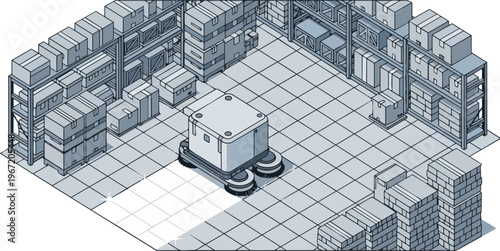 Autonomous Warehouse Floor Cleaning Robot in Industrial Storage Facility - Isometric Illustration