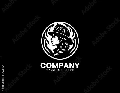 Female firefighter silhouette with flames black vector logo illustration isolated on white background