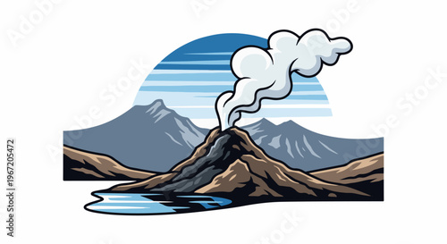 Illustration of a smoking volcano erupting near a lake with mountains