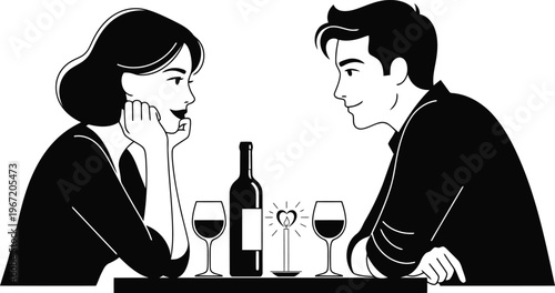 A romantic black and white illustration of a couple enjoying a date over wine