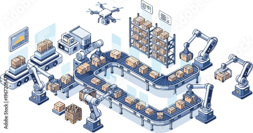 Smart Automated Warehouse and Logistics Center Isometric Illustration with Robotic Arms, Conveyor Belts, and Delivery Drones