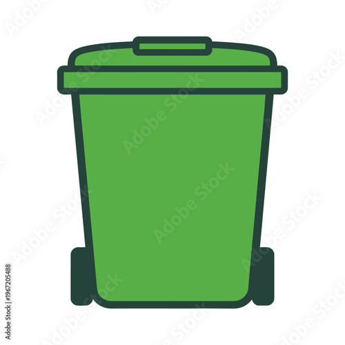 Green recycle bin icon with wheels and a lid for waste management and environmental concepts.