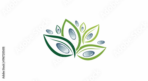 Green stylized leaves with blue water droplets