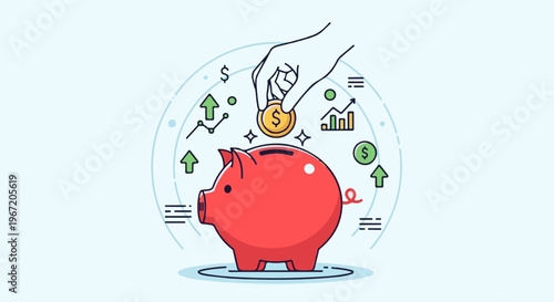 Hand places coin in piggy bank with upward trend graphics