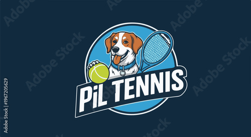 Playful dog with tennis racket and ball, athletic logo