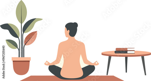 Mindful moment of tranquility Serene woman meditating in a comfortable lotus position at home, embracing wellness and stress relief through a peaceful yoga practice in a calming interior setting