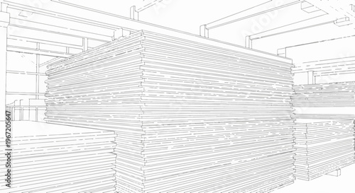 Plywood sheets stacked high in a warehouse, industrial setting