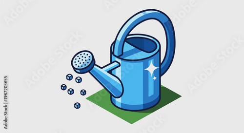 Blue watering can dispersing tiny cubes on a green surface