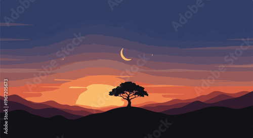 Silhouette of a lone tree on a hill against a crescent moon and star