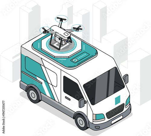 Isometric Illustration of an Autonomous Drone Delivery Van Concept for Future Logistics and Smart City Shipping Technology