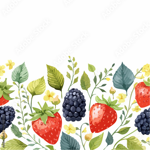 Aquarell-Sommer-Rahmen ohne Naht mit Brombeer- und Erdbeerzweigen – romantische florale Bordüre