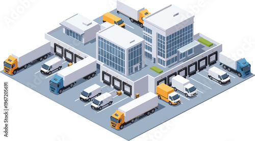 Modern Isometric Logistics Center and Warehouse with Delivery Trucks and Cargo Vans for Global Supply Chain Management