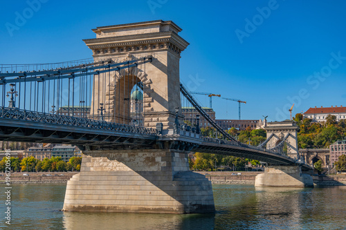 Széchenyi Lánchíd (Chain Bridge) Budapest Hungary with Danube River and historic architecture