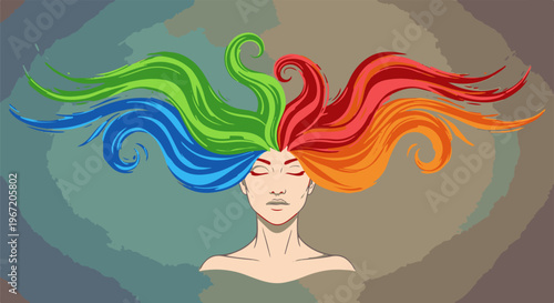 Portrait of a woman with vibrant, flowing rainbow-colored hair