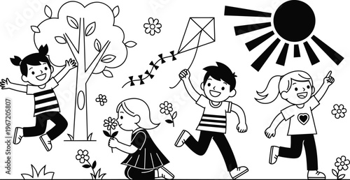 A group of happy children playing together in a park, enjoying spring activities like flying a kite and smelling flowers under the sun.