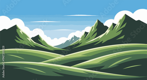 Lush green hills and mountains under a blue sky with clouds