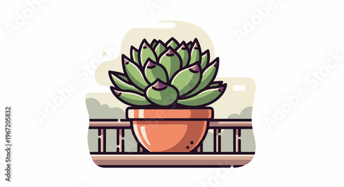Potted succulent plant on a railing with a cloudy background