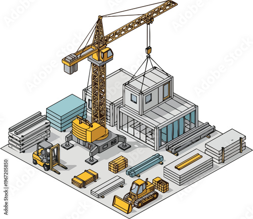 Isometric Modular Building Site with Tower Crane, Forklift, and Prefabricated House Construction