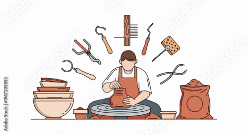 Potter working on a wheel surrounded by tools and materials