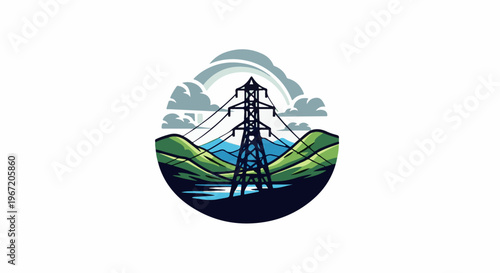 Power line tower in a stylized landscape with mountains and water