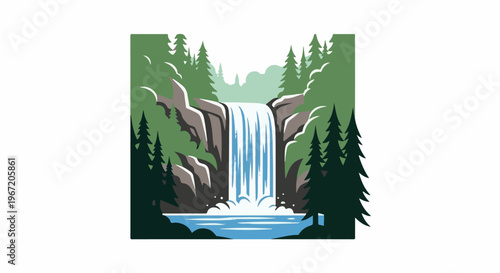 Majestic waterfall cascades down rocky cliffs amidst dense evergreen forest