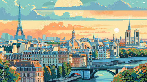 Illustrated cityscape with famous landmark under a colorful sky at sunset