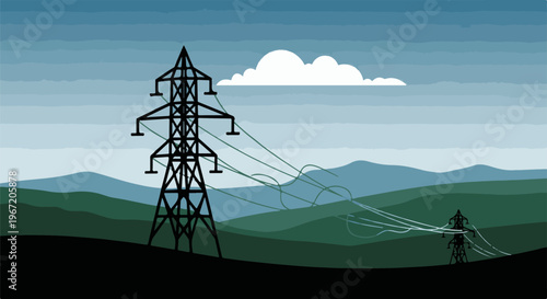 Power pylons stretch across a layered landscape under a cloudy sky