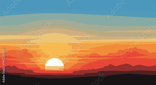 Flat design stylized sunset over layered mountain ranges with gradient sky