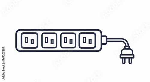 Power strip with four outlets and a plug, simplified line drawing
