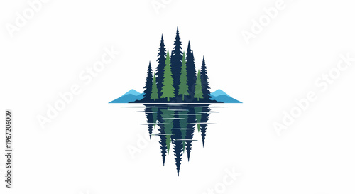 Minimalist reflection of evergreen trees and distant mountains in calm water