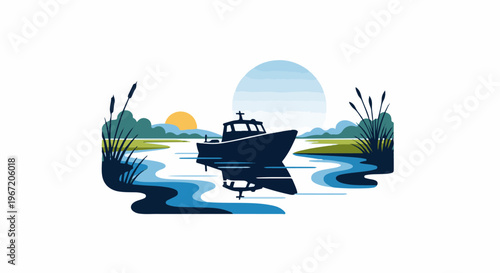 Stylized dark boat on calm water at sunrise with reeds and hills