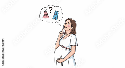 Pregnant woman contemplates baby clothes choice