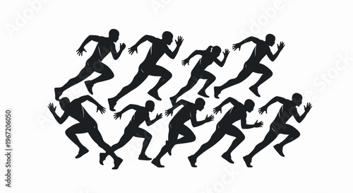 Multiple runners in silhouette sprint forward across a white background