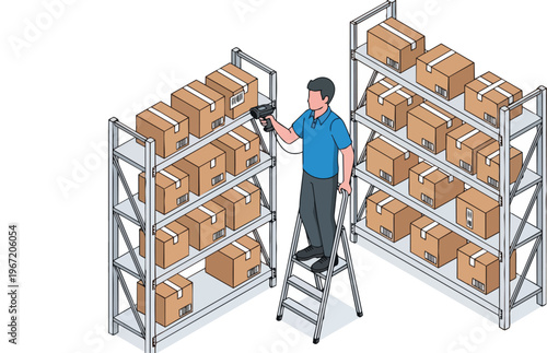 Warehouse Worker Scanning Inventory Boxes on Shelves Isometric Illustration