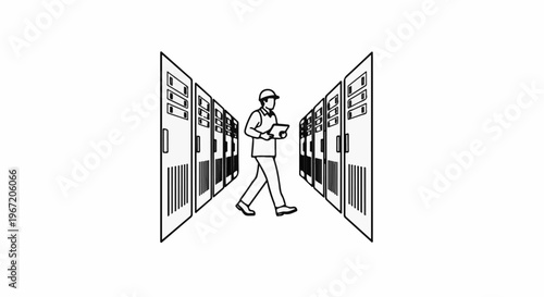 Person in hard hat walks down aisle of server racks holding tablet