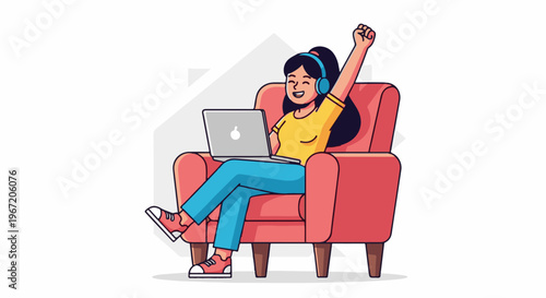 Person in armchair with laptop and headphones, fist raised triumphantly
