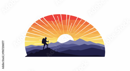 Silhouette hiker on a mountain peak at sunrise, stylized rays