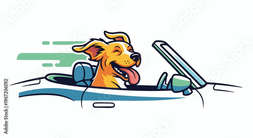 Joyful dog with tongue out drives a convertible car on a sunny day