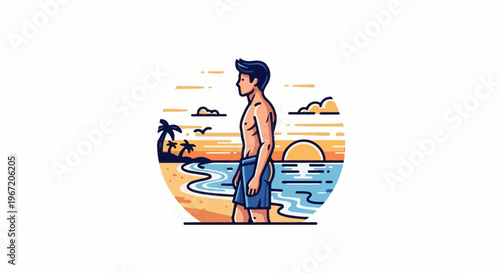 Man stands on a sandy beach looking out at a serene ocean sunset with palm trees