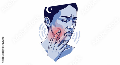 Person experiencing facial pain with a night crescent and star above