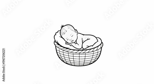 Peaceful baby sleeping on a pillow in a woven basket