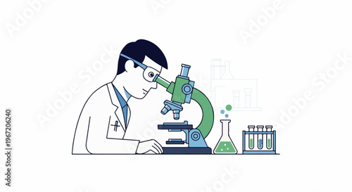 Scientist observes through microscope, flasks and test tubes with liquid